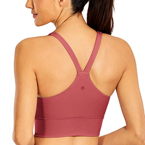 CRZ YOGA Women s T-Back V Neck Longline Sports Bra Padded Wireless Y-Back Racerback Yoga Bra Crop Tank Tops Purplish Red Small