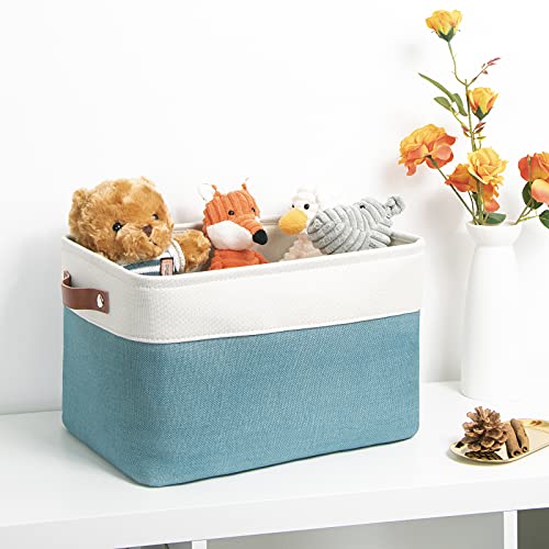 Image of DULLEMELO Fabric Storage Basket for Shelves /Closets, Collapsible Rectangle Basket for Organizing Clothes, Toys, Towels, Books, Laundry, Nursery, Dog Toy Basket Empty (White&Teal)