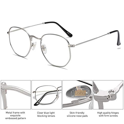 SOJOS Small Blue Light Blocking Glasses Hexagonal Eyeglasses Frame Anti Blue Ray Glasses One and Only SJ5036 with Silver Frame/Anti-Blue Light Lens