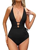 MOLYBELL Women's Deep V Backless One Piece Swimsuit Criss Cross Back Tie Knot Bathing Suits with Adj