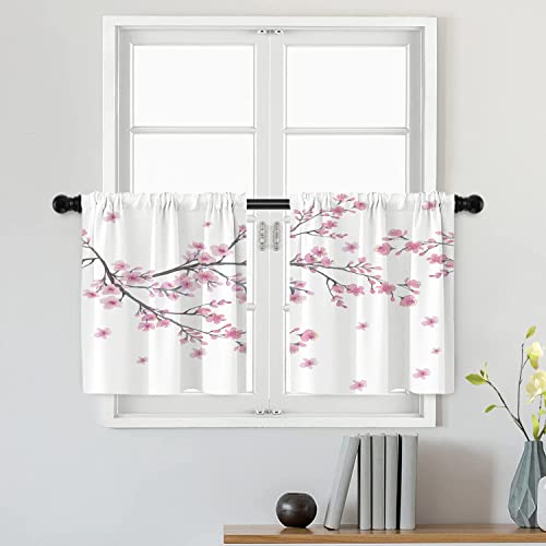 Batmerry Cortinas de nivel floral rosa, rama rosa de flores de cerezo, cortinas cortas de cocina, cortinas opacas de poliéster multicapa para sala de estar/baño, paquete de 2 unidades de 26 x 24