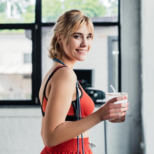 2 Pezzi Bicchiere con Cannuccia e Coperchio, Bicchieri a Righe da 450 ml con Manicotti Tazze, Design a Tenuta Stagna, Bicchieri Frullato in Vetro Trasparente Cocktail Bicchieri da Caffè Freddo - immagine 4