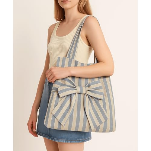 Bow Purse Oversized Stripped Tote Bag with Bowknots Large Bow Shoulder Bag Trendy Handbag Cute Gifts for Women4