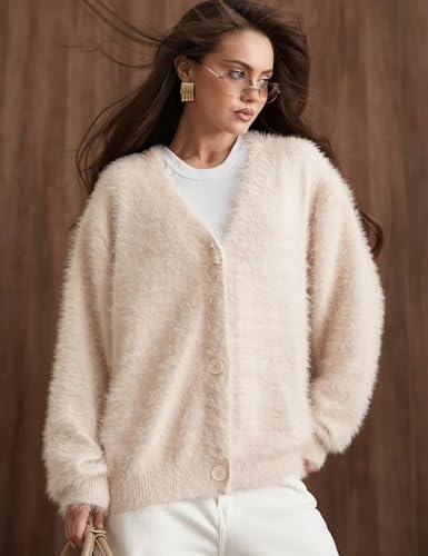 Image of COZYPOIN Womens Fuzzy Cardigan Sweater V Neck Button Down Soft Knit Coat | Loose, Comfy, Slouchy Drop Shoulder, Long Sleeve Fluffy Mohair, Warm, For Daily Work Holiday, Spring Fall Winter Fashion