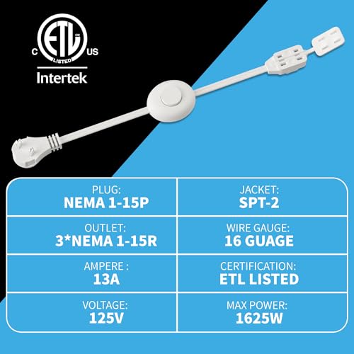 HiFind FL-121 Extensión 3 tomas 1.83 m con interruptor a pedal y cubierta de seguridad Blanco miniatura 3