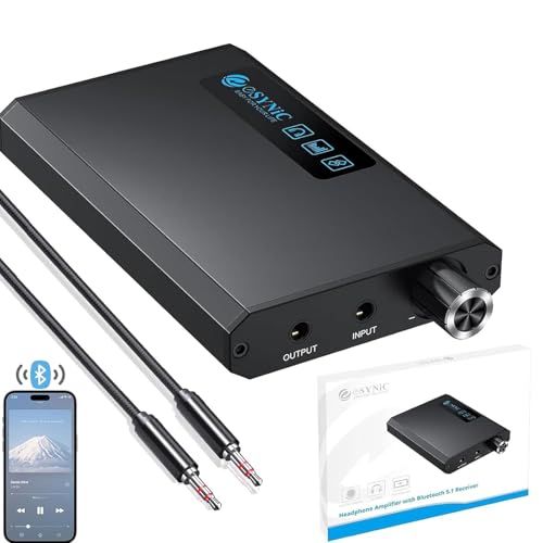 eSynic Bluetooth 5.1 Receiver Headphone Amplifier Rechargeable-16-300 Ohm HiFi 3.5MM Audio Headphone Amp Portable Car Bluetooth Amplifier with Dual Gain Switch & Aluminum Case for Car/Phone/Laptop
