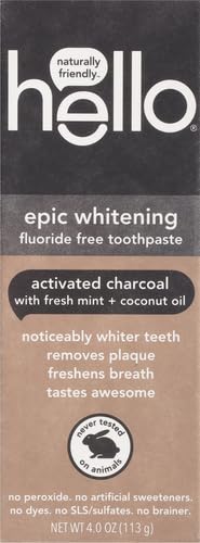 Image of hello Epic Whitening Charcoal Fluoride Free Toothpaste, Activated Charcoal Toothpaste with Coconut Oil, Whitens Teeth Naturally, SLS Free, Fresh Mint, 4.0 Oz Tube (Pack of 12)
