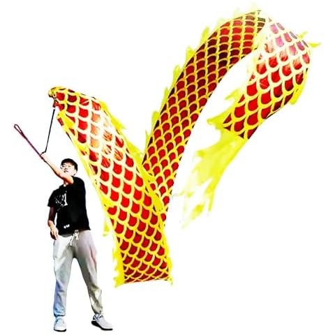 DSJUGGLING 3D Dragon Poi with 340g Weighted Ball & 1.1 Meters Swing Rope - Silk Flowy Shaking & Flinging Chinese Golden Dragon Ribbon Streamer + Travel Bag! (8 Meters (26.2 FT), Golden Gold Dragon) Cover