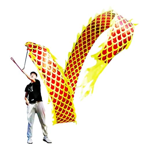 DSJUGGLING 3D Dragon Poi with 340g Weighted Ball & 1.1 Meters Swing Rope - Silk Flowy Shaking & Flinging Chinese Golden Dragon Ribbon Streamer + Travel Bag! (8 Meters (26.2 FT), Golden Gold Dragon)