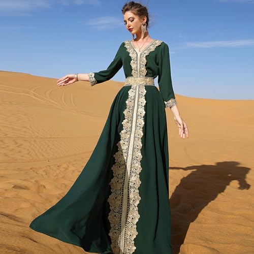 Image of IDOPIP Embroidery Abayas for Women Muslim Moroccan Floral Maxi Kaftan Dress Arabic Islamic Dubai Robe Ramadan Prayer Clothes