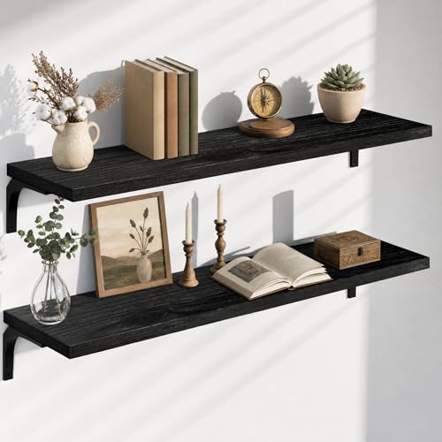 Image of 12 Inch Deep Floating Shelves Set of 2, 48 Inch Wide Black Solid Wood Wall Shelves, 100 lbs Heavy Duty Farmhouse Wall Mounted Shelving for Kitchen, Living Room & Bedroom