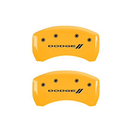 Image of MGP Caliper Covers - Brake Caliper Covers for 2011-2023 Dodge Challenger & 2011-2023 Dodge Charger (Requires Dual Piston Front Caliper) Front and Rear Set - Engraved DODGE / / Logo (Yellow)