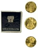 1978 Argentina World Cup Commemorative Coin Set – 20, 50 & 100 Pesos UNC Coins in Original Blue Mini Album – Historic Soccer Collectible
