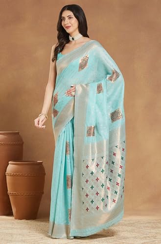 Image of Janasya Women's Sea Green Linen Blend Ethnic Motifs Woven Design Jacquard Saree with Blouse Piece