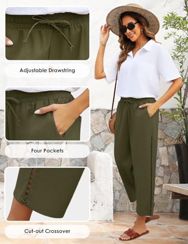 CMTOP Leinenhose Damen Weite Freizeithose mit Kordelzug und Taschen 7/8 Elastische Gerades Bein Sommerhose Bequeme Strandhose aus Baumwolle(Militärgrün,XL)