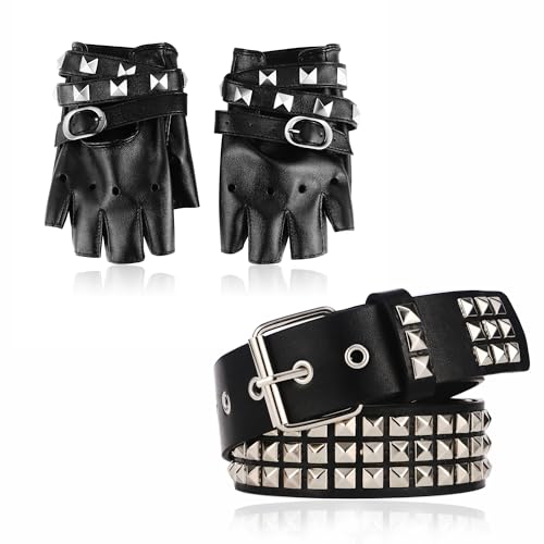 3 Pieces Punk Gloves and Belt Set for Men Women Black Leather Belt Punk Accessories2