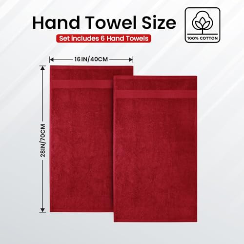 Infinitee Xclusives Burgundy Hand Towels for Bathroom - Set of 6 (16x28 inches) 600 GSM, 100% Cotton Ultra Soft, Quick Drying, Hotel Quality Hand Towel Set (Burgundy)