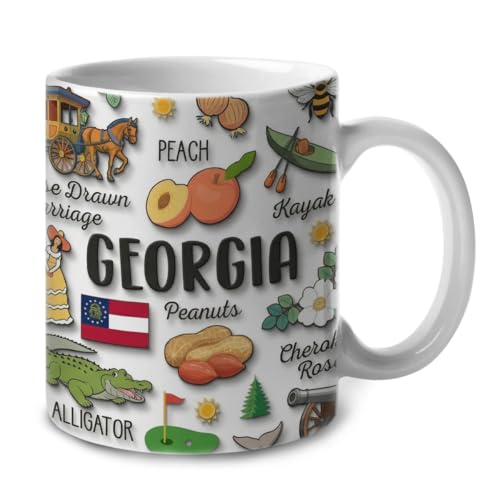 Lotacy Georgia 2D Printed Coffee Mug Cup 11oz Georgia State Gifts Souvenirs With Symbols Collage