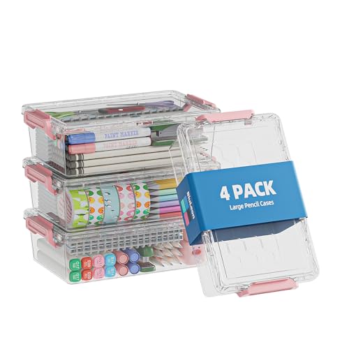 BiuLeon 4 Pack Extra Large Pencil Box, Plastic Pencil Case Organizer, Clear Crayon Box Marker Organizer, Stackable Craft Organizers and Storage for Pen, Craft, Art Supply(Pink)