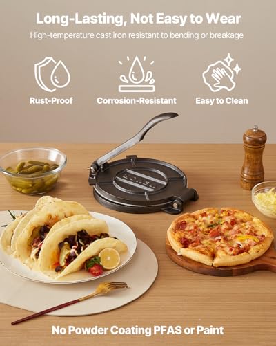 VEVOR Tortilla Press, 8 Inch Cast Iron Tortilla and Roti Maker, Heavy Duty Tortilladora Press, Pataconera Makers with Handle and 100 Pcs Parchment Paper, Dough Taco Press for Flour Tortilla, Tawa
