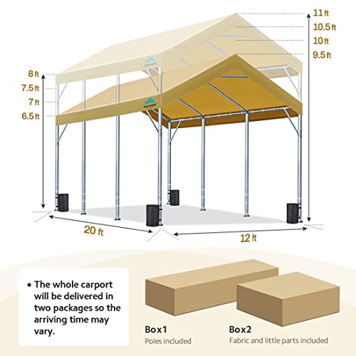 ADVANCE OUTDOOR 12x20 ft Canopy Garage Heavy Duty Carport Car Boat Shelter Party Tent, Adjustable Peak Height from 9.5ft to 11ft, Beige