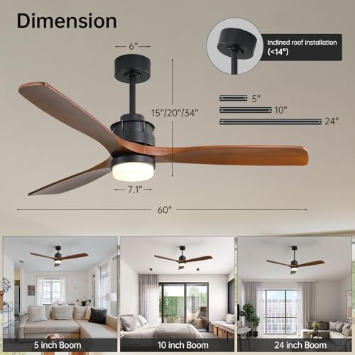 Image of Sofucor 60 inch Ceiling Fan with Lights and Remote, Modern Large LED Wood Ceiling Fan for Indoor Living Room Bedroom Outdoor Patio Porch, Reversible DC Motor