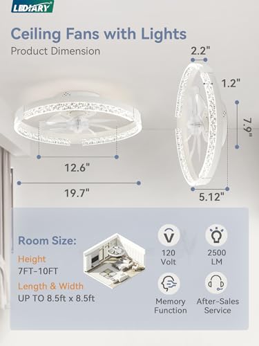 Image of LEDIARY 19.7 inch Low Profile Ceiling Fans with Lights, APP & Remote, White