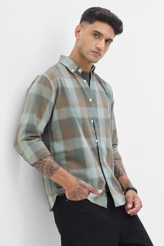 Image of SNITCH Men's Shirts | Regular Fit Checkered Shirt | 100% Cotton, Button-Down Collar, Machine Washable, Casual & Formal Wear