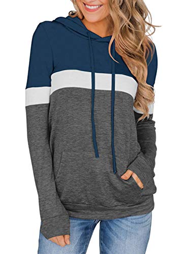 Womens Hoodies Long Sleeve Color Block Tops Casual Drawstring Pullover Sweatshirts with Pocket Navy Blue Medium