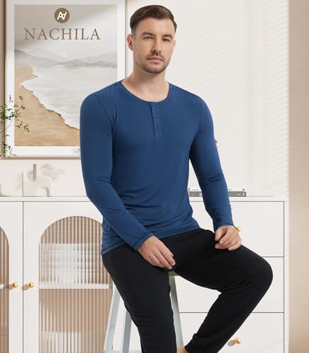Image of NACHILA Mens Pajamas Set Long Sleeve Henley Sleepwear Top Soft Jogger Pants Pajamas Cool Pjs Set,Viscose Made from Bamboo