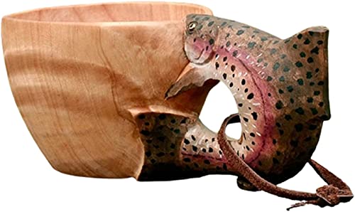 TY&WJ Handgefertigt Kuksa Holzbecher,Tiere Kopf Bild Holzbecher,Tragbar Camping Trinkbecher,Traditionell Holzbecher Mit Carabiner,Outdoor-Tasse Für Kaffee Tee Milch-Fisch EIN Cover