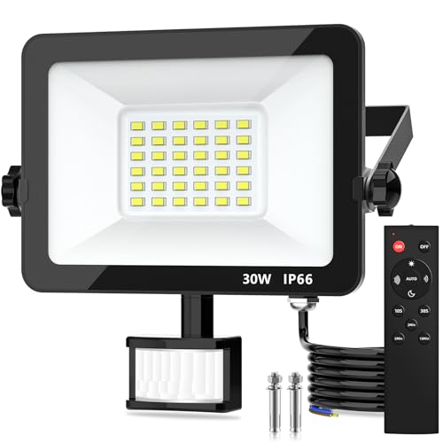 Motion Sensor Outdoor Security Light, 30W 2750 Lumen LED Floodlights with PIR Sensor, IP66 Waterproof Motion Sensor Outdoor Wall Light with Remote Control for Garden, Backyard, Garage, Doorways