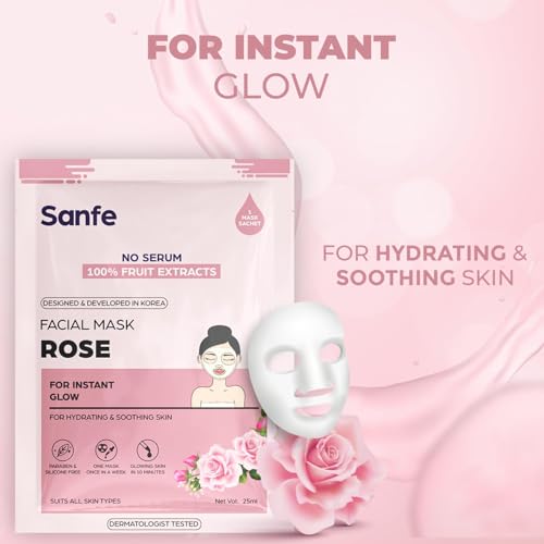 Image of Sanfe Instant Hydration Rose Facial Mask | for Toned & nourished Skin | 100% Fruit extracts, Korean Mask | 25gm | Pack of 3