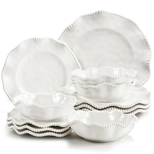 Image of Melamine Dinnerware Sets Service for 4, Cream Plates and Bowls Set with Beaded Edge, BPA Free Dishwasher Safe, Heavy Duty Shatterproof Unbreakable Tableware for Wedding Party Camping Outdoor