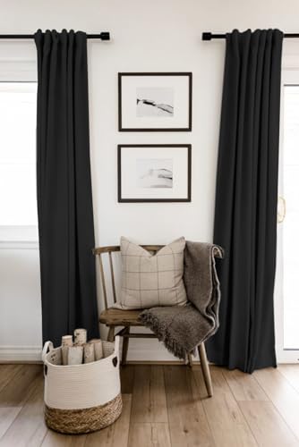 Image of 100% Blackout Shield Linen Blackout Curtains for Bedroom 63 Inches Long, Back Tab /Rod Pocket Living Room Drapes, Thermal Insulated Blackout Curtains 2 Panels Set, 42 inch W x 63 inch L, Black