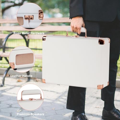 GOLDSHIP Record Player 3 Speeds Bluetooth Portable Suitcase Vinyl Record Player with Built-in Battery/Speakers, Vintage Gramophone with 3.5mm Aux-in/RCA Line Out Belt Driven, White