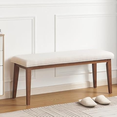 kinmars Upholstered Bench for Bedroom End of Bed,42.5-inch Entryway Bench for Living Room,Dining Bench with Padded Seat and Solid Wood Leg for Kitchen Bedroom,Indoor and Hallway (Bench, Beige) Cover