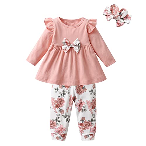 Image of 3PCS Baby Girl Clothes Ruffle Floral Shirt Tops Pants Headband Outfit Sets