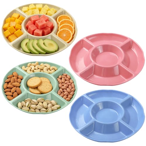 Kryndle 4 Pack Serving Platter 5 Compartment Plastic Snack Tray Reusable Plastic Snack Tray for Snacks appetizers Fruits Desserts Vegetables