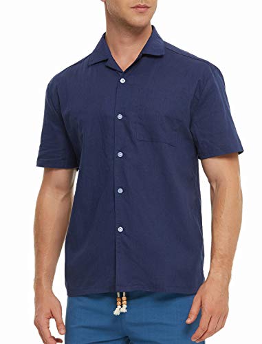 Janmid Men's Regular-Fit Short-Sleeve Linen Cotton Shirt Navy Blue XL