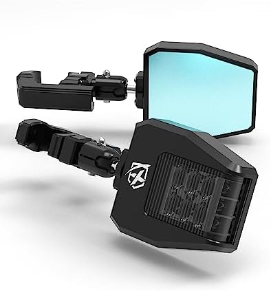 Xprite UTV Side View Mirrors Aluminium w/LED Spot Light Smoke Lens Compatible with 1.75"-2" Roll Cage Bar for Pioneer Polaris RZR, Side by Side, Can Am X3, Kawasaki Teryx Mule, Yamaha Rhino Wolverine
