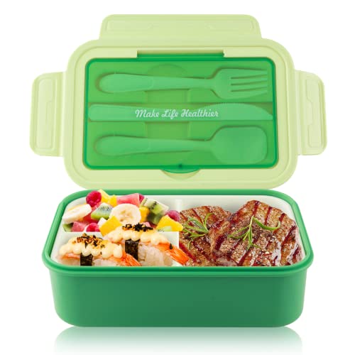 Uliya Lunch Box Bento Box pour Enfant Adulte 1400ml avec 3 Compartiments et Couverts Boîte à Repas Anti-Fuite Sans BPA Boite Bento pour l'école, Travail, Pique-Nique, Micro Ondes et Lave (Vert) Cover