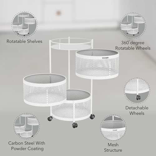 Image of Amazon Brand - Solimo 360 Revolving Preassembled Portable 3 Layer Round Multipurpose Storage Kitchen Rack Carbon Steel Fruit Vegetable & Spice Trolley with Wheels for Kitchen Organizer(Matte, White)