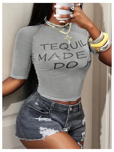 Image of RoseSeek Women's Sheer Mesh Letter Graphic Tees Short Sleeve Crew Neck Y2K Vintage Summer Going Out Crop Tops