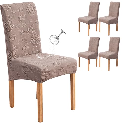 Image of Genina Waterproof Dining Chair Cover Set of 4,Large Chair Cover,Taupe | Stretch Dining Room Chair Slipcovers with Leaf Jacquard,Removable Kitchen Chair Protector for Home,Restaurant,Banquet