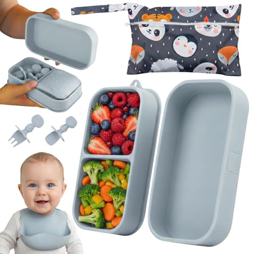Travel Silicone Portable Feeding Supplies - Toddler Suction Plates, Silicone Baby Spoon & Fork, Lightweight Foldable Bib & Waterproof Storage Bag - 6...