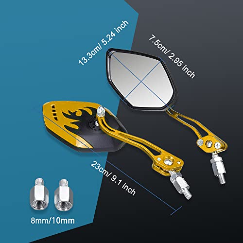1Pair Universal Motorcycle Mirrors, Motocycle Rear View Mirrors, Adjustable Side Mirror, Motorcycle Mirrors For Handlebars, Aluminum Flame Pattern Rear View Mirrors With 8Mm/10Mm Screws (Gold) #TOP1
