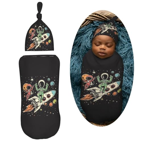 Image of Cute Astronaut and Alien Newborn Swaddle Blanket with Beanie Set Soft Baby Sleep Sack Stretch Adjustable Swaddle Wraps Receiving Blankets