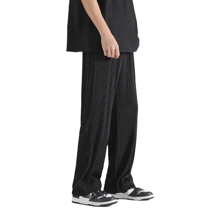 Wide-Leg Ice Silk Pants for Men - Solid Color Thin Striped Straight-Leg Drape Elastic Trousers with Loose Fit