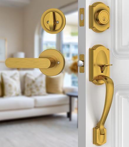 Image of Front Door Lock Set, Brass Front Door Handle and Deadbolt Set, Vintage Exterior Door Lock Set, Front Door Handle with Single Cylinder, Reversible for Right & Left, Antique Brass